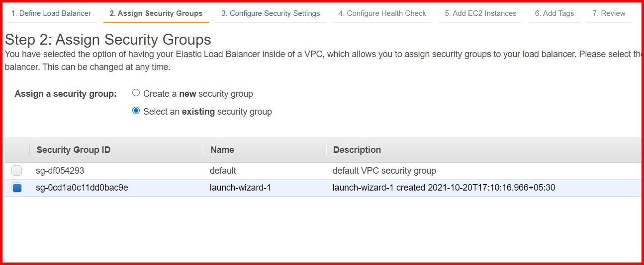 Picture showing the screen for assigning security group to the load balancer